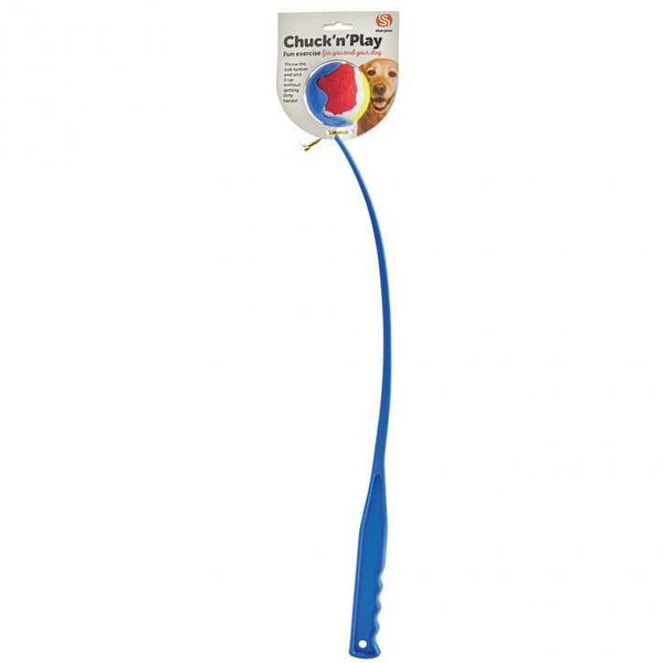 Sharples Chuckn Play 64cm blue plastic dog ball launcher for fetch games and hygienic pickup