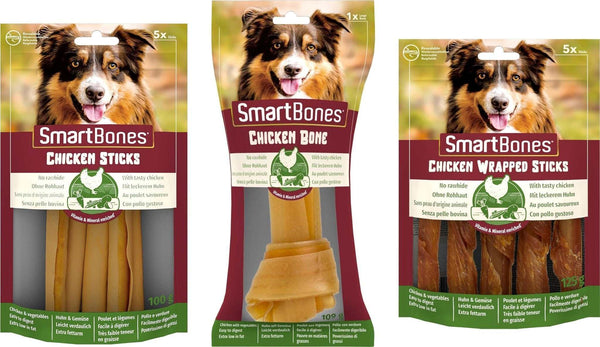 SmartBones Chicken Chew bundle with rawhide-free chicken sticks, large knot chew, and chicken-wrapped sticks for medium to large dogs.