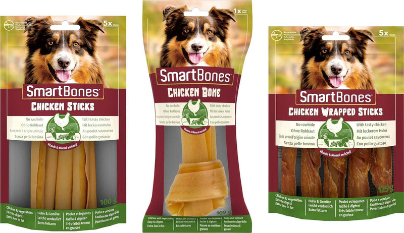 SmartBones Chicken Chew bundle with rawhide-free chicken sticks, large knot chew, and chicken-wrapped sticks for medium to large dogs.
