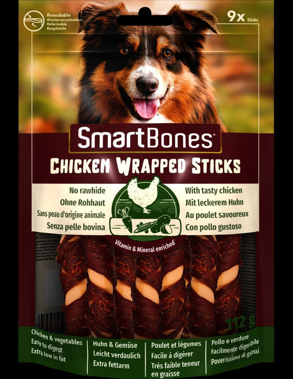 SmartBones Chicken Wrapped Mini Sticks 9-pack rawhide-free dog chews with tasty chicken and vegetable layers, vitamin and mineral enriched for small dogs.