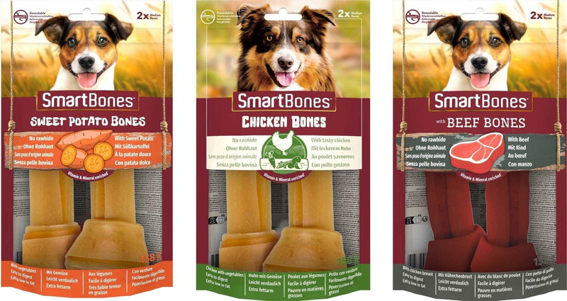 SmartBones Chew Bundle medium knot chews in sweet potato, chicken, and beef flavors for dogs