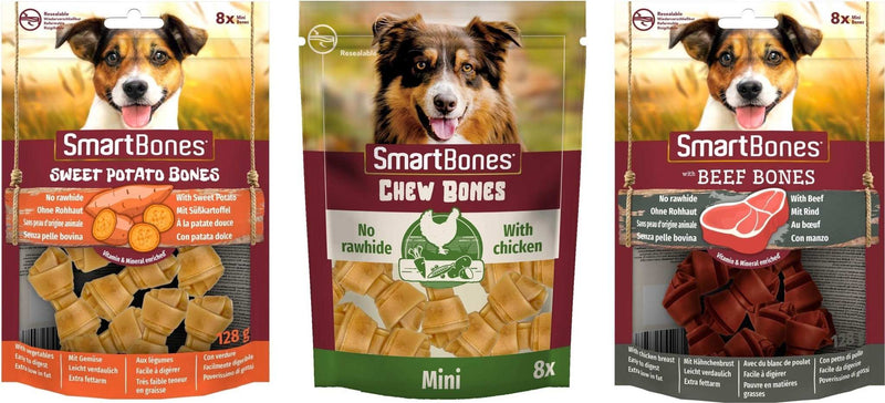 SmartBones Small Variety Knot Chew Bundle with sweet potato, chicken, and beef rawhide-free chews for small dogs