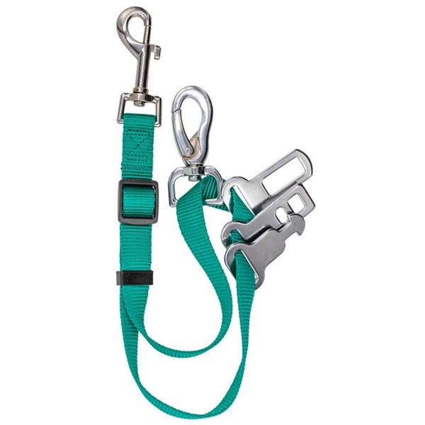 Green Sotnos dog universal seat belt restraint with adjustable strap and metal clips for safe car travel