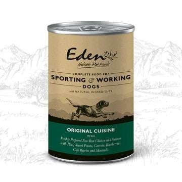 Eden Wet Dog Food Sporting & Working Dogs 400g tin with original cuisine recipe featuring free run chicken and natural ingredients