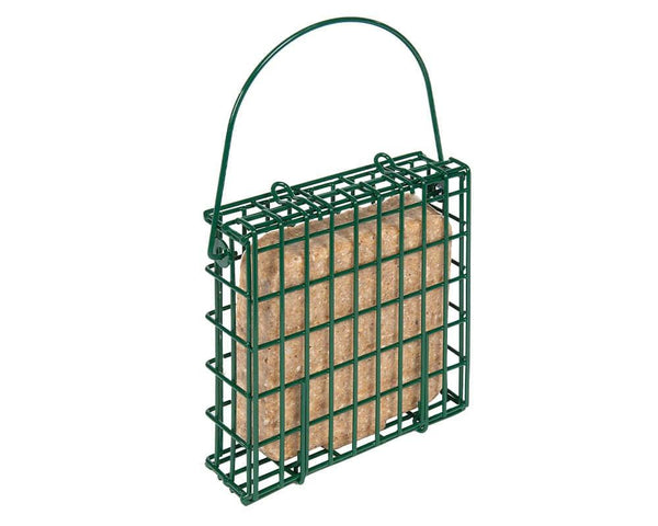 Suet To Go green metal cage feeder with suet block inside for birds