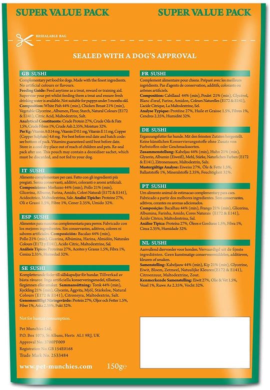 150g resealable bag of Pet Munchies Sushi Dog Training Treats made with natural chicken and fish, low-fat, grain-free, allergy-friendly, and ideal for healthy dog training