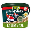 Tetra Pond Fish Food Sticks bucket with koi fish image and natural ingredients label