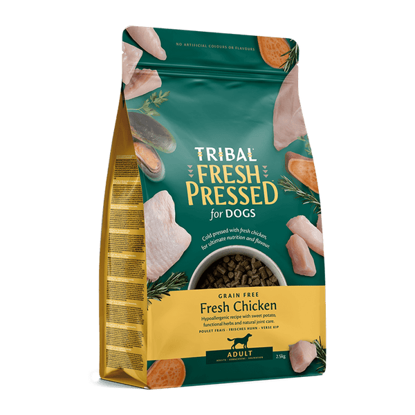 Tribal Adult Chicken Fresh Pressed Grain-Free Dog Food with hypoallergenic fresh chicken and sweet potato