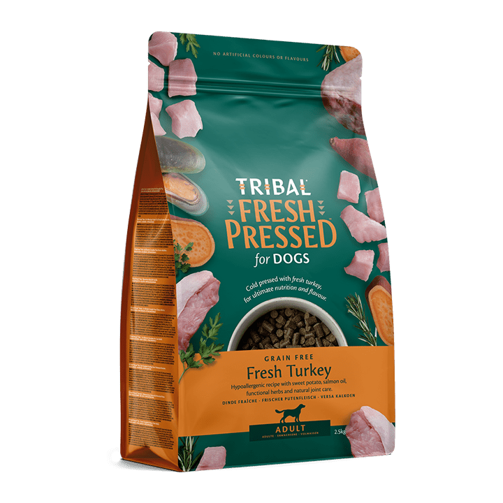 Tribal Adult Turkey Fresh Pressed cold pressed grain-free dog food with natural ingredients and hypoallergenic recipe