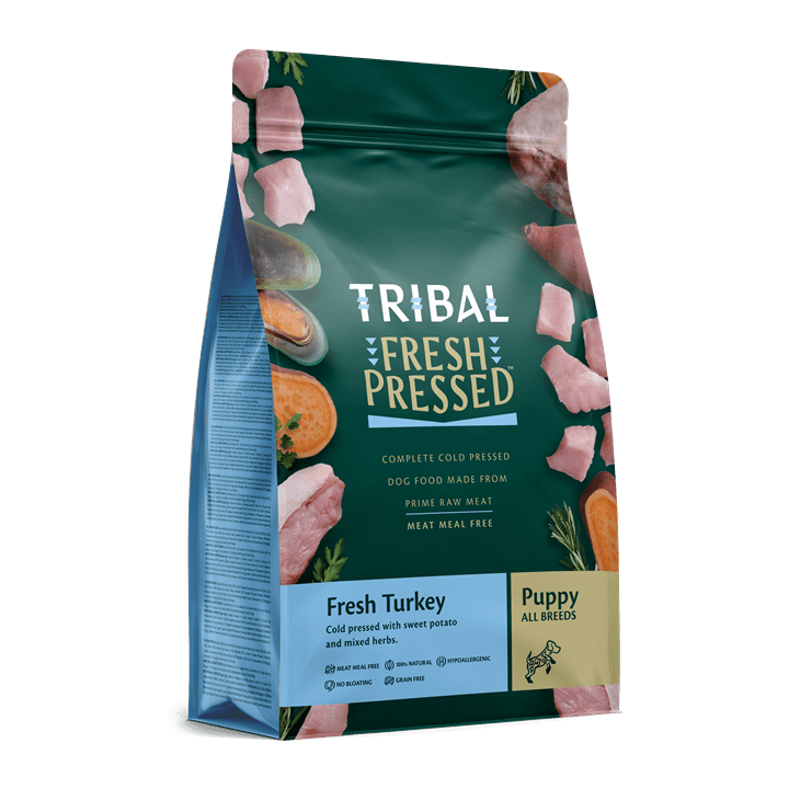 Tribal Puppy Turkey Fresh Pressed cold pressed dog food with raw turkey and sweet potato for all breeds.