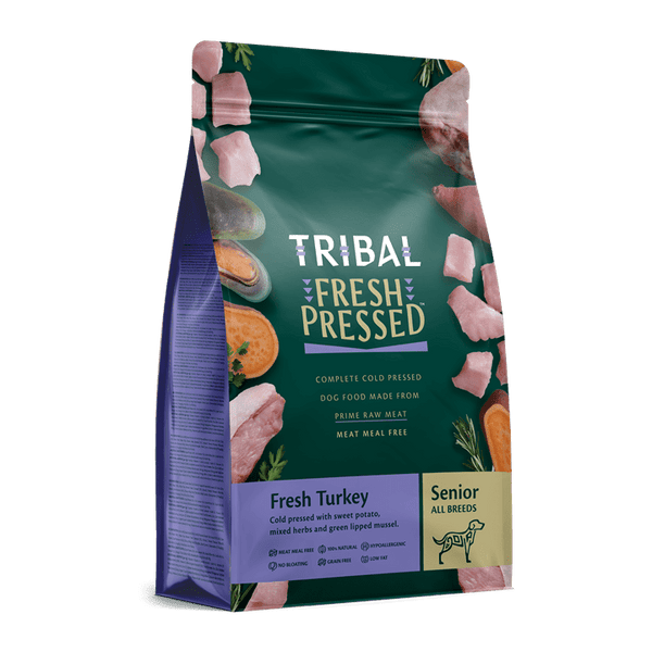 Tribal Senior Dog Food Fresh Pressed Turkey recipe with sweet potato and green lipped mussel cold pressed for senior dogs