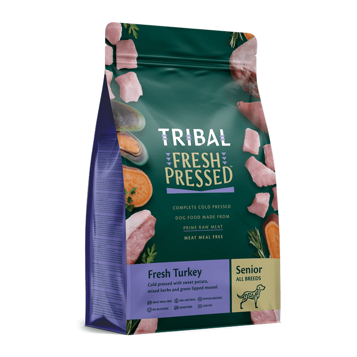 Tribal Senior Dog Food Fresh Pressed Turkey recipe with sweet potato and green lipped mussel cold pressed for senior dogs