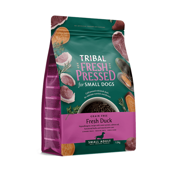 Tribal Small Breed Duck Fresh Pressed grain-free dog food for small adult dogs with fresh duck and sweet potato