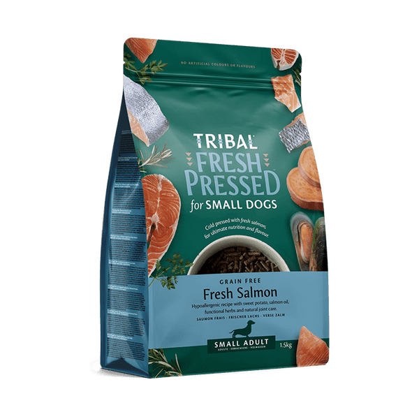 Tribal Fresh Pressed Salmon Cold Pressed Dog Food for Small Breeds, grain-free, hypoallergenic, with sweet potato and salmon oil