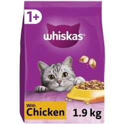 Whiskas 1+ Chicken Adult Dry Cat Food 1.9kg pack with nutritional benefits for cats aged 1 and above.