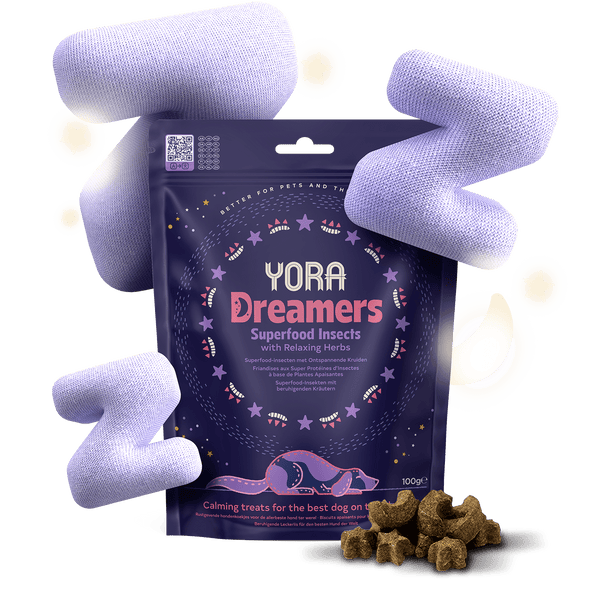 Yora Dreamers Calming Insect Protein Dog Treats with chamomile and valerian root for natural relaxation and anxiety relief