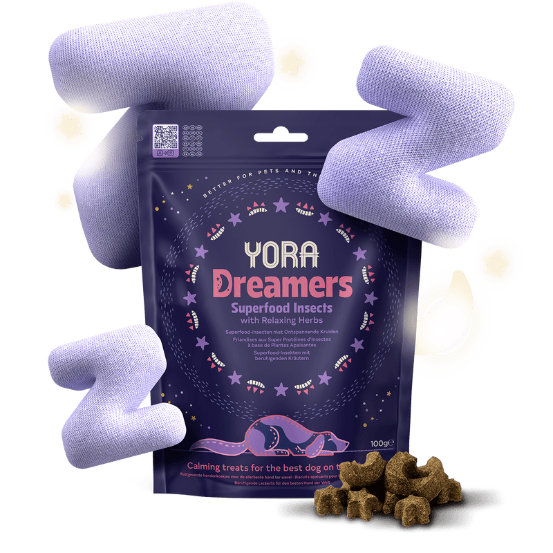 Yora Dreamers Calming Insect Protein Dog Treats with chamomile and valerian root for natural relaxation and anxiety relief