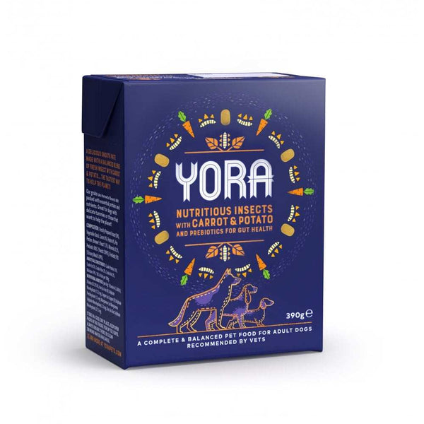 YORA Insect, Carrot and Potato Wet Dog Food 390g packaging, hypoallergenic and sustainable dog food.