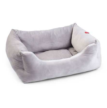 Silver grey velour square dog bed with high sides and non-slip base for pet comfort and security