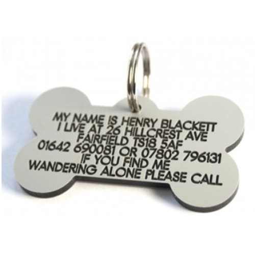 58mm bone shaped plastic dog pet tag with engraved contact details.