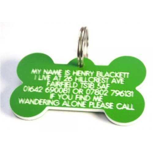 58mm green bone shaped plastic dog pet tag with engraved text and steel split ring.