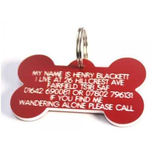 58mm bone shaped plastic dog pet tag with engraved text and steel ring attachment.