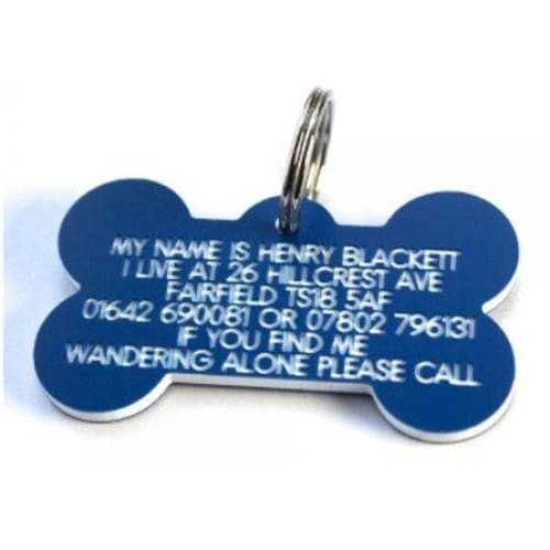 58mm bone-shaped plastic dog pet tag with engraved text and steel split ring attachment.