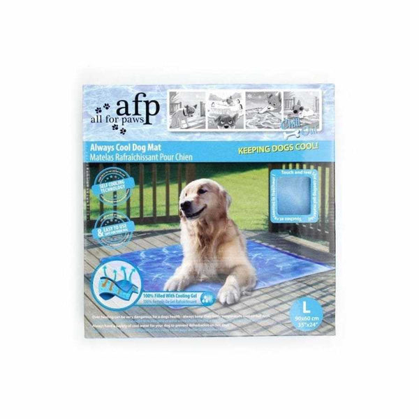 All For Paws Dog Cooling Mat packaging with a dog lying on a blue mat.