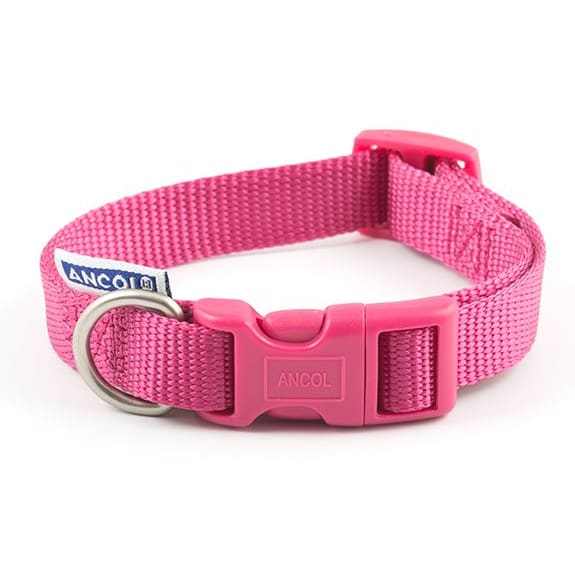 Pink Ancol Adjustable Dog Collar made from durable nylon with plastic buckle and metal D-ring