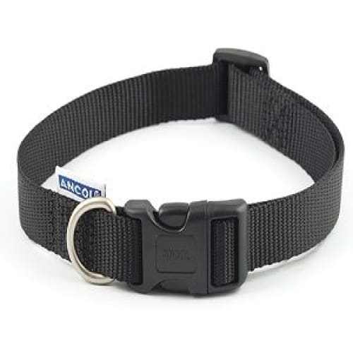 Ancol Adjustable Dog Collar in black nylon with plastic buckle and metal D-ring