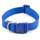 Blue Ancol Adjustable Dog Collar with nylon material, plastic buckle, and metal D-ring
