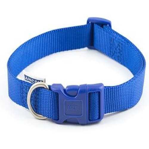 Blue Ancol Adjustable Dog Collar with nylon material, plastic buckle, and metal D-ring