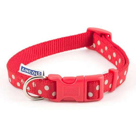 Red Ancol Adjustable Vintage Polka Dog Collar with quick-release buckle and D-ring.