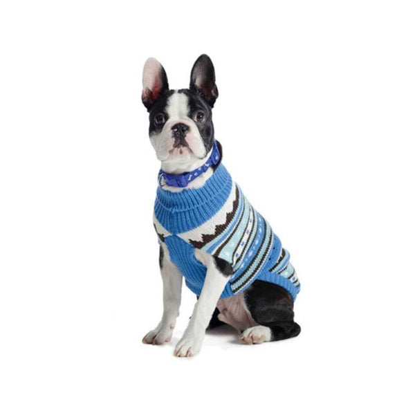 Blue Alpine Dog Sweater by Ancol on a dog, featuring a striped pattern and polo neck for warmth.