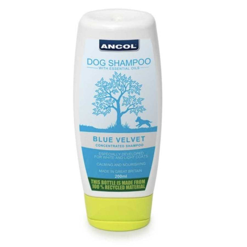 Ancol Blue Velvet 200ml Dog Shampoo with essential oils for white coats.