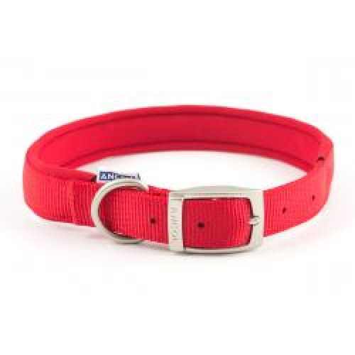 Red Ancol Buckle Adjustable Dog Collar with metal buckle and D-ring, strong nylon material.