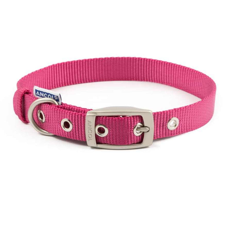 Ancol Buckle Adjustable Dog Collar in Raspberry Pink with Metal Buckle and D-ring for Lead Attachment.