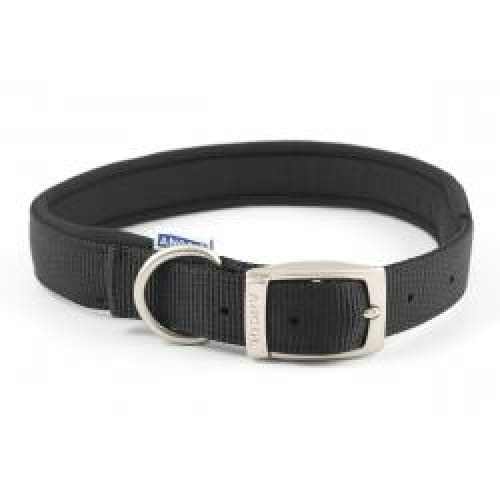 Ancol Buckle Adjustable Dog Collar in black with metal buckle and D-ring.