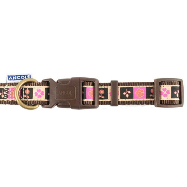 Ancol Chocolate Squares Adjustable Dog Collar with floral and heart design in pink, cream, and black on sturdy nylon.