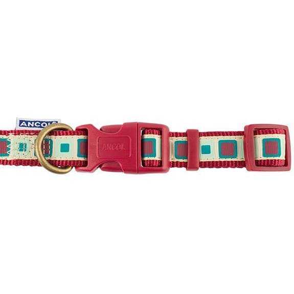 Ancol Claret Squares Dog Collar with red and teal square pattern on cream background.