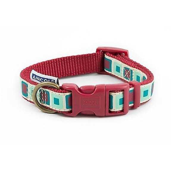 Ancol Claret Squares Dog Collar with red and teal square pattern on cream background.