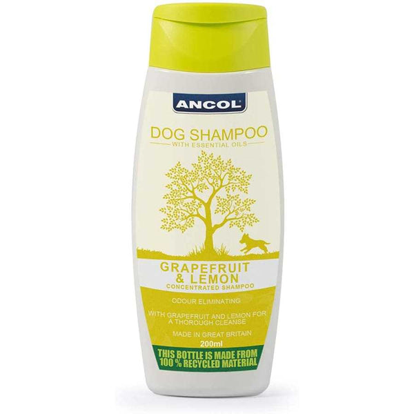 Ancol Grapefruit & Lemon Dog Shampoo 200ml bottle with antibacterial essential oils for fresh-smelling coat.
