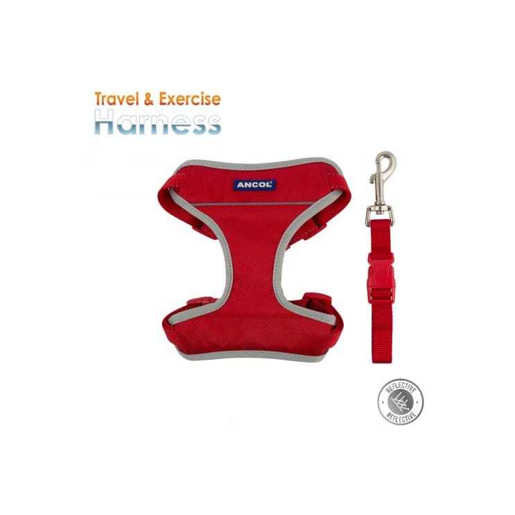 Ancol Dog Travel & Exercise Harness in red with padded chest and reflective strips.