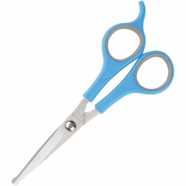 Ancol Ergo Safety Scissors for pet grooming with rounded ends and blue handles.