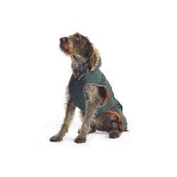 Dog wearing Ancol Green Parka with faux-fur hood and orange fleece lining.