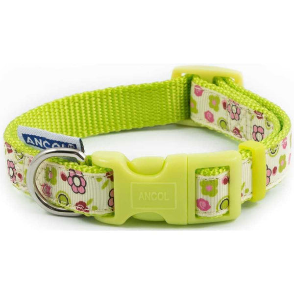 Ancol Lime Flowers Adjustable Dog Collar with red and pink floral design on lime green background, featuring quick-release buckle and durable nylon material.