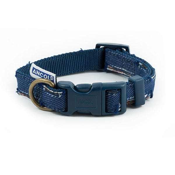 Ancol Patchwork Blue Dog Collar with denim patchwork design and quick-release buckle.