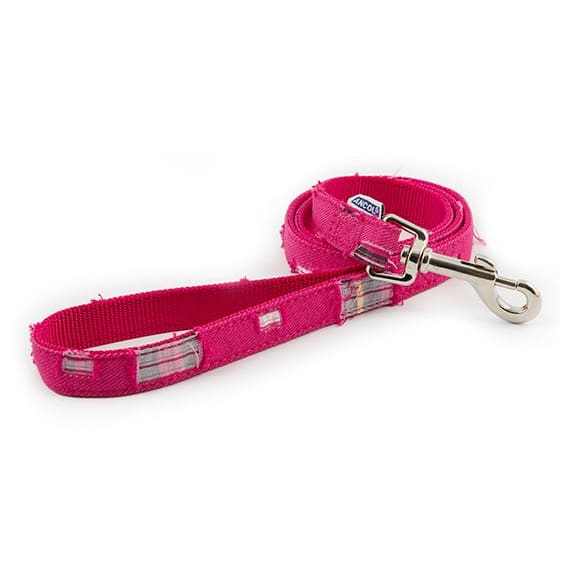 Ancol Patchwork Pink Dog Lead with denim appliqué and chrome D-ring.