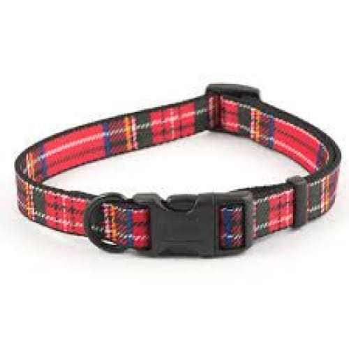 Ancol Red Tartan Adjustable Dog Collar with quick-release buckle and D-ring.