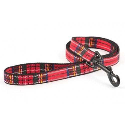 Ancol Red Tartan Dog Lead with sturdy trigger hook, durable printed polyester and nylon, 1 meter long.
